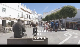 Se puede visualizar a vista de a pie un recorrido por el casco antiguo en el que se aprecia a un grupo de turistas realizando la ruta y una mujer que hace de guía dando explicaciones sobre los distintos puntos de interés de la ruta.