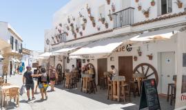 Se aprecia una calle de casas blancas con balcones que están engalanados con macetas de flores rojas y abajo lleno de tascas con barriles en la puerta para poder degustar productos de la tierra