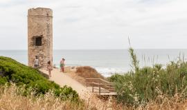 Se observa un camino de tierra con vegetación verde y marrón a ambos lados y al fondo una torre con varias personas mirando alrededor en bañador con el fondo del mar en un día soleado